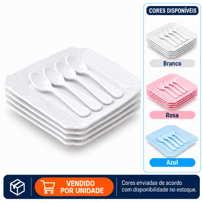 Kit Prato de Plástico PET para Bolo com 4 Colheres Amigold
