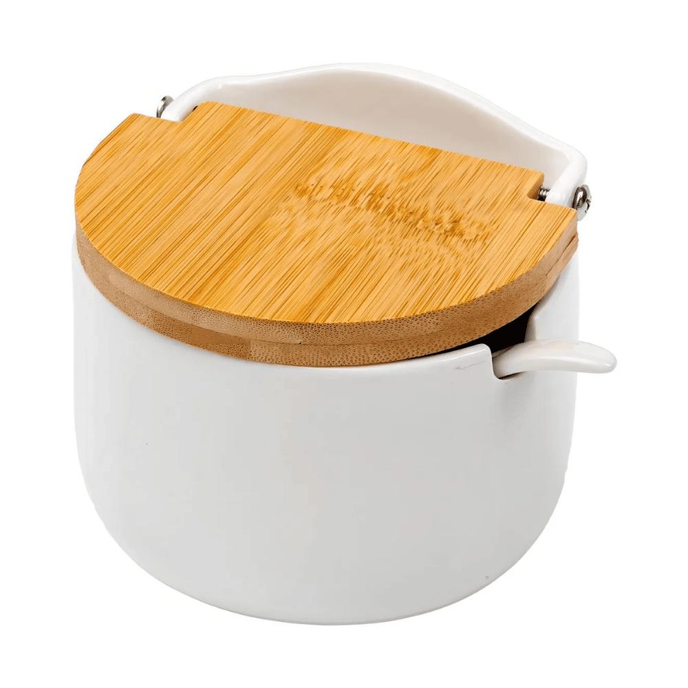 Saleiro De Mesa Em Cerâmica Com Tampa De Madeira Coliseu