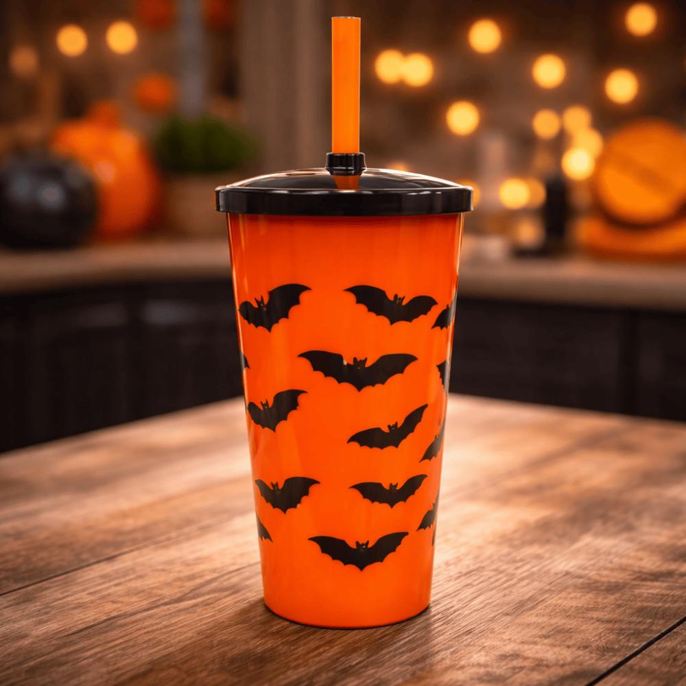 Copo Canudo 600Ml Halloween Morcego Laranja Injetemp 495