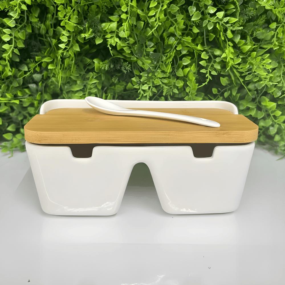 Saleiro De Mesa C/2 Divisórias E Tampa De Bambu