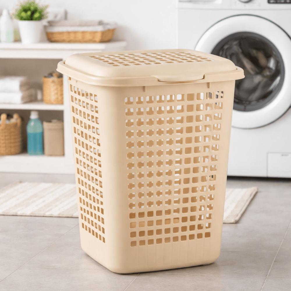 Cesto Telado Retangular Lavanna Com Tampa 30L Bege Claro/Cappuccino Rischioto