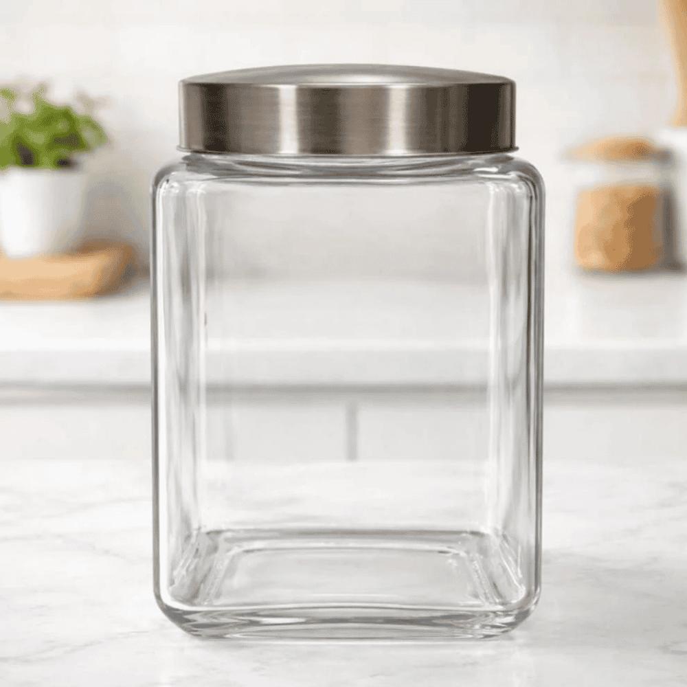 Pote de Vidro com Tampa de Aço Quadrado 1,6L Coliseu