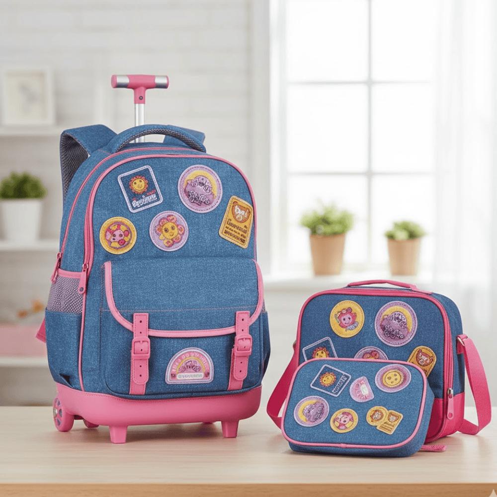 Kit Mochila/Lancheira/Estojo Em Jeans Love Is Love