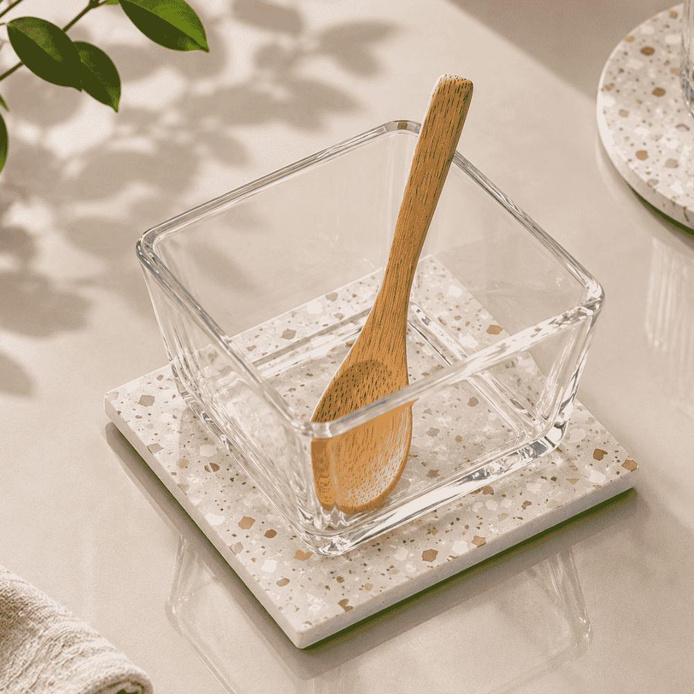 Petisqueira de Vidro com Colher de Bambu e Suporte Terrazzo Coliseu