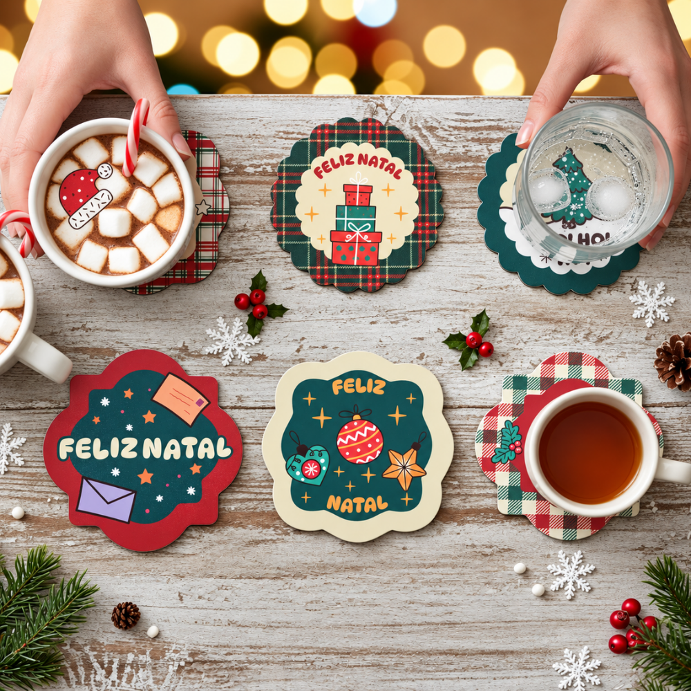 Porta Copo Decorativo de Natal 10x10cm 4 Peças Multiart