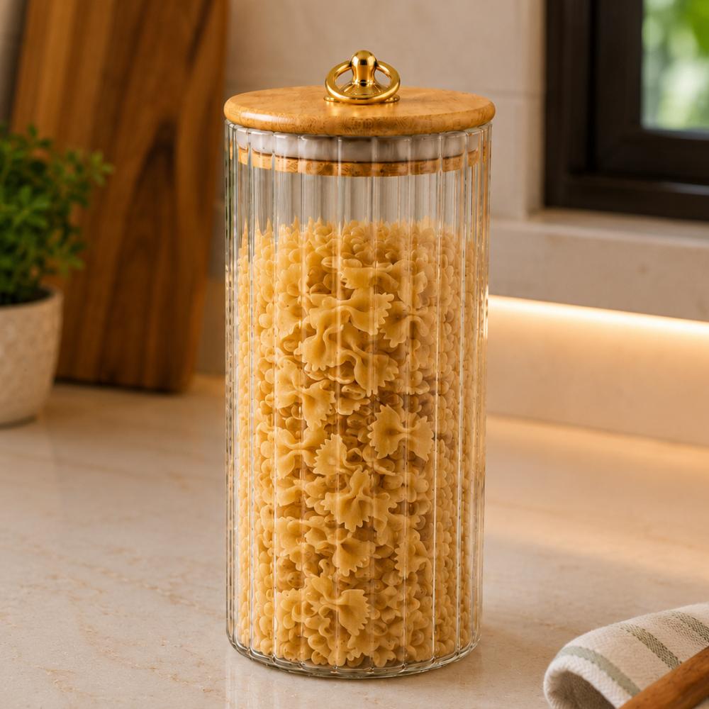 Pote Hermético em Vidro Canelado com Tampa de Bambu 1350ml Linx