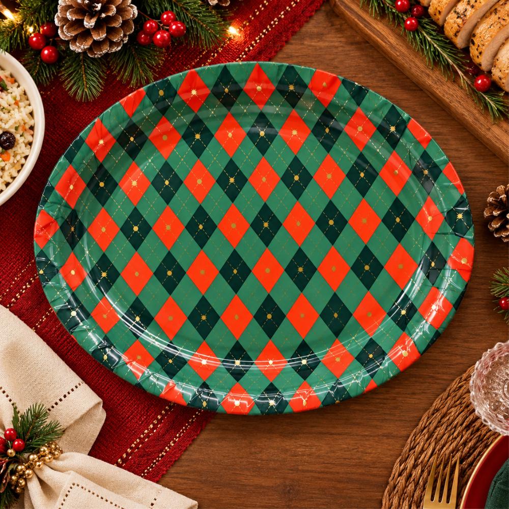 Bandeja Plástica Oval Xadrez Vermelho e Verde 36,5cm Rio Master