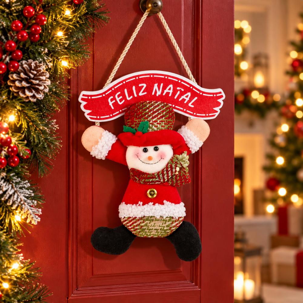 Pendente Boneco Natalino com Placa Feliz Natal Vermelho e Verde Rio Master