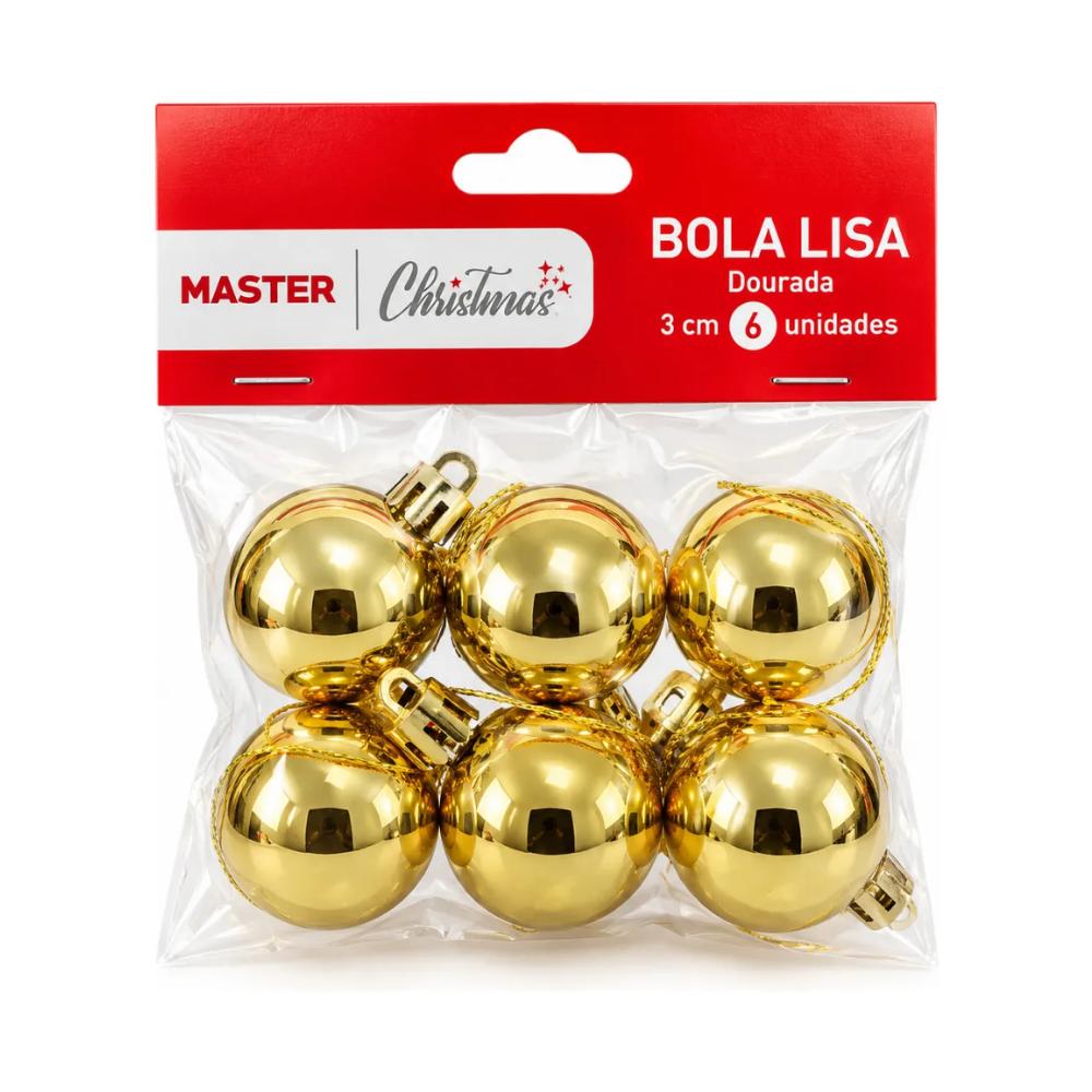 Bola Decorativa para Árvore de Natal Dourada Lisa 3cm 6 Peças Multiart