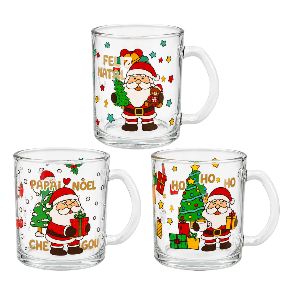 Caneca Decorada de Natal Papai Noel e Presentes 330ml Multiart