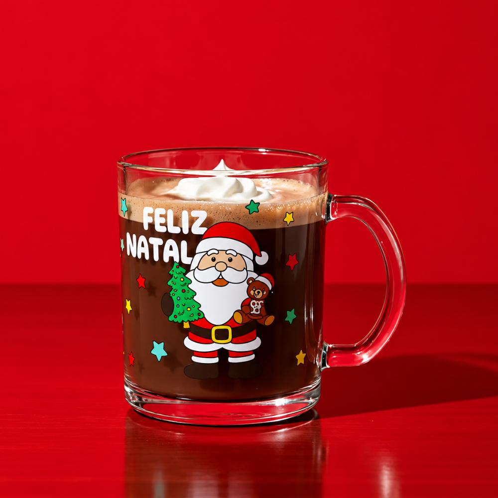 Caneca Decorada de Natal Papai Noel e Presentes 330ml Multiart
