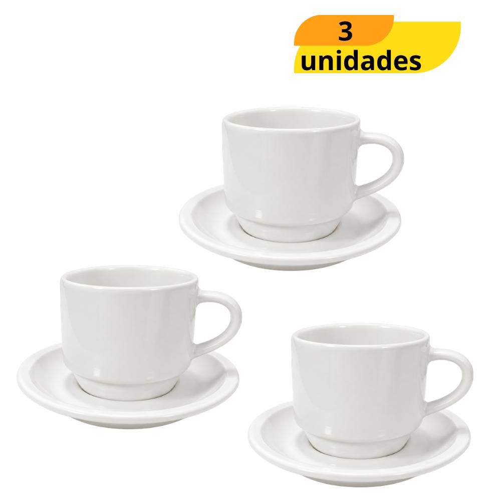 Xícara de Chá com Pires Empilhável Branca 195ml RR - Cx 3 Unidades