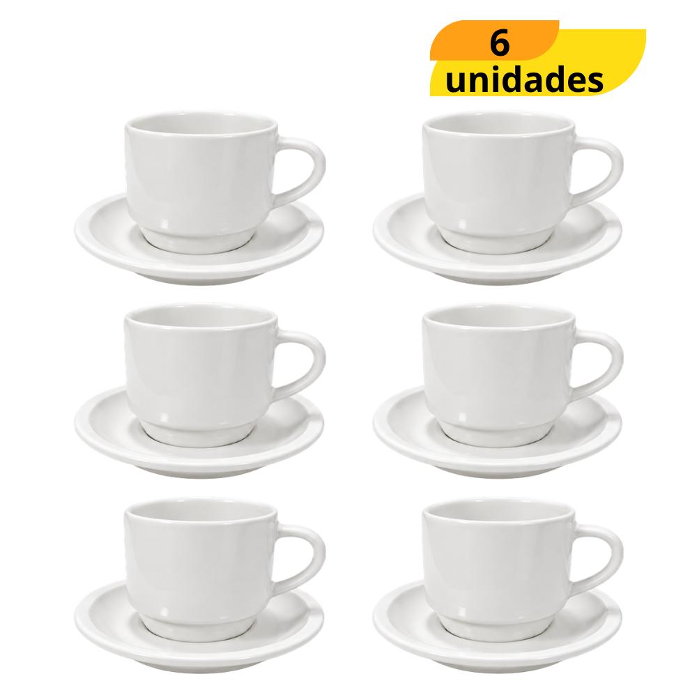Xícara de Chá com Pires Empilhável Branca 195ml RR - Cx 6 Unidades