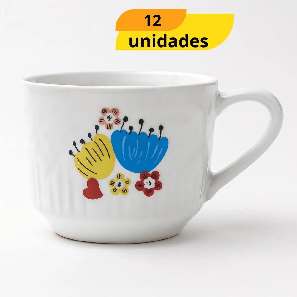 Xícara De Chá Relevo Branca Decorada Horacilio - Cx 12 Unidades