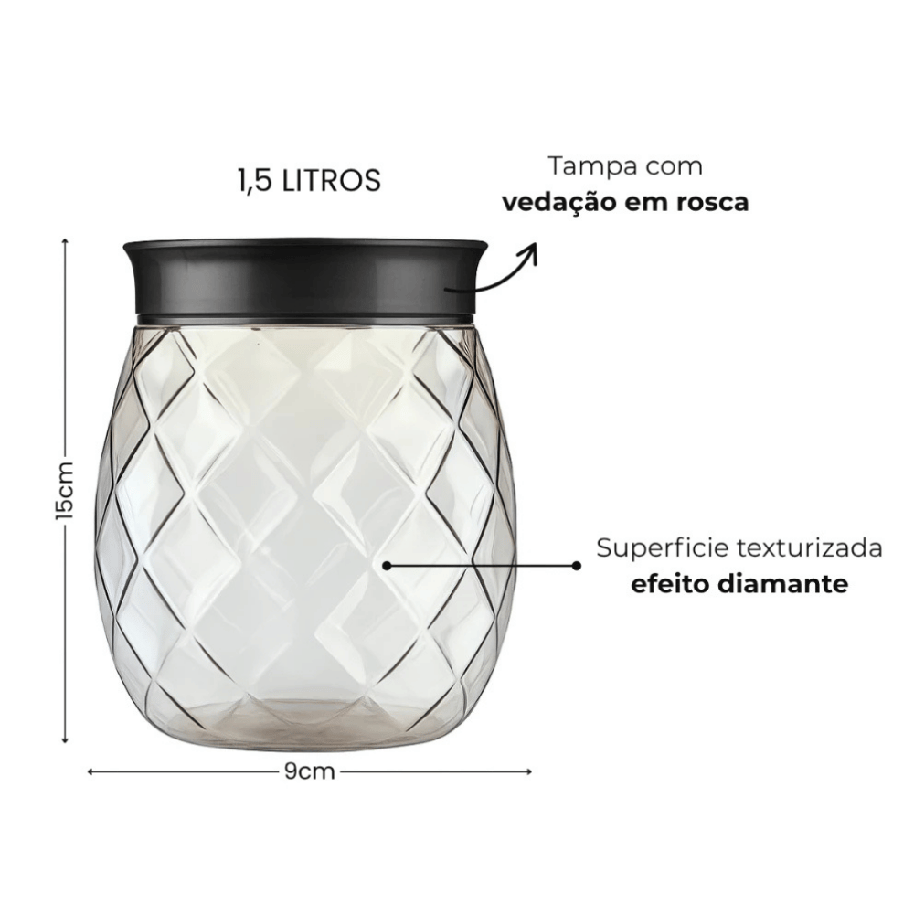 Pote Cristal 1500ml Tampa Preta Igaratiba