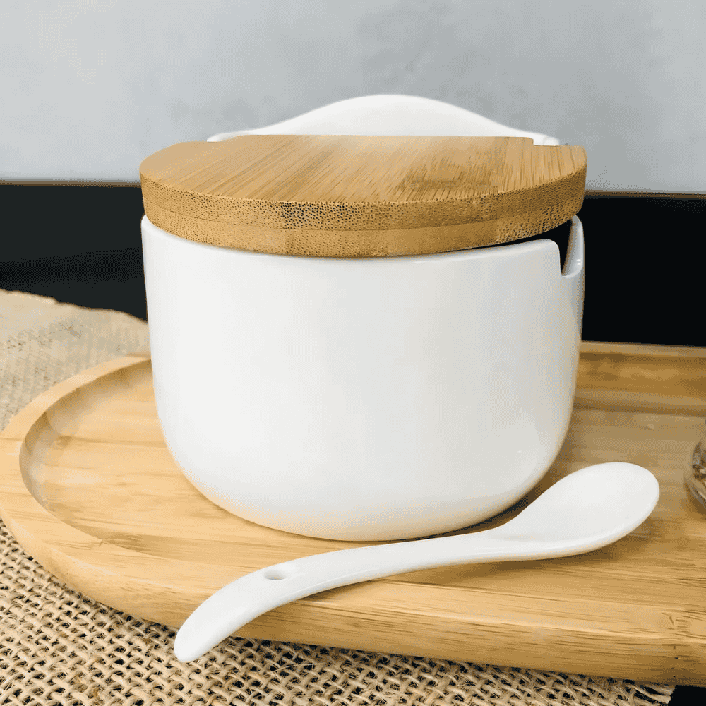 Saleiro De Mesa Em Cerâmica Com Tampa De Madeira Coliseu