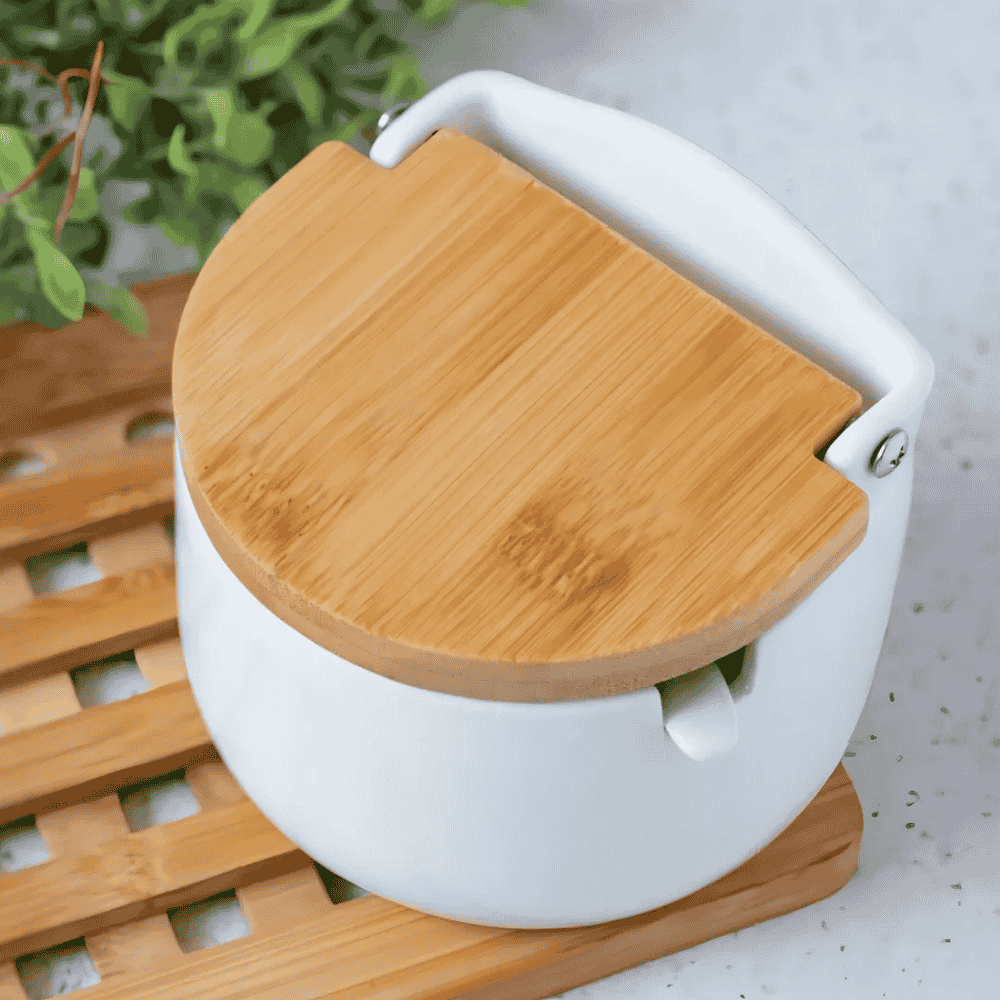 Saleiro De Mesa Em Cerâmica Com Tampa De Madeira Coliseu