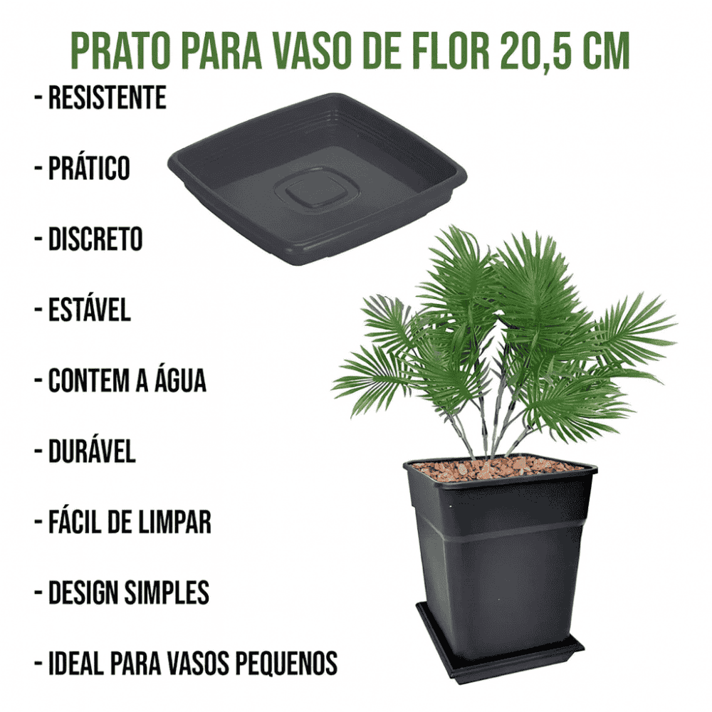 Prato Para Vaso Quadrado 20,5Cm Preto Ercaplast