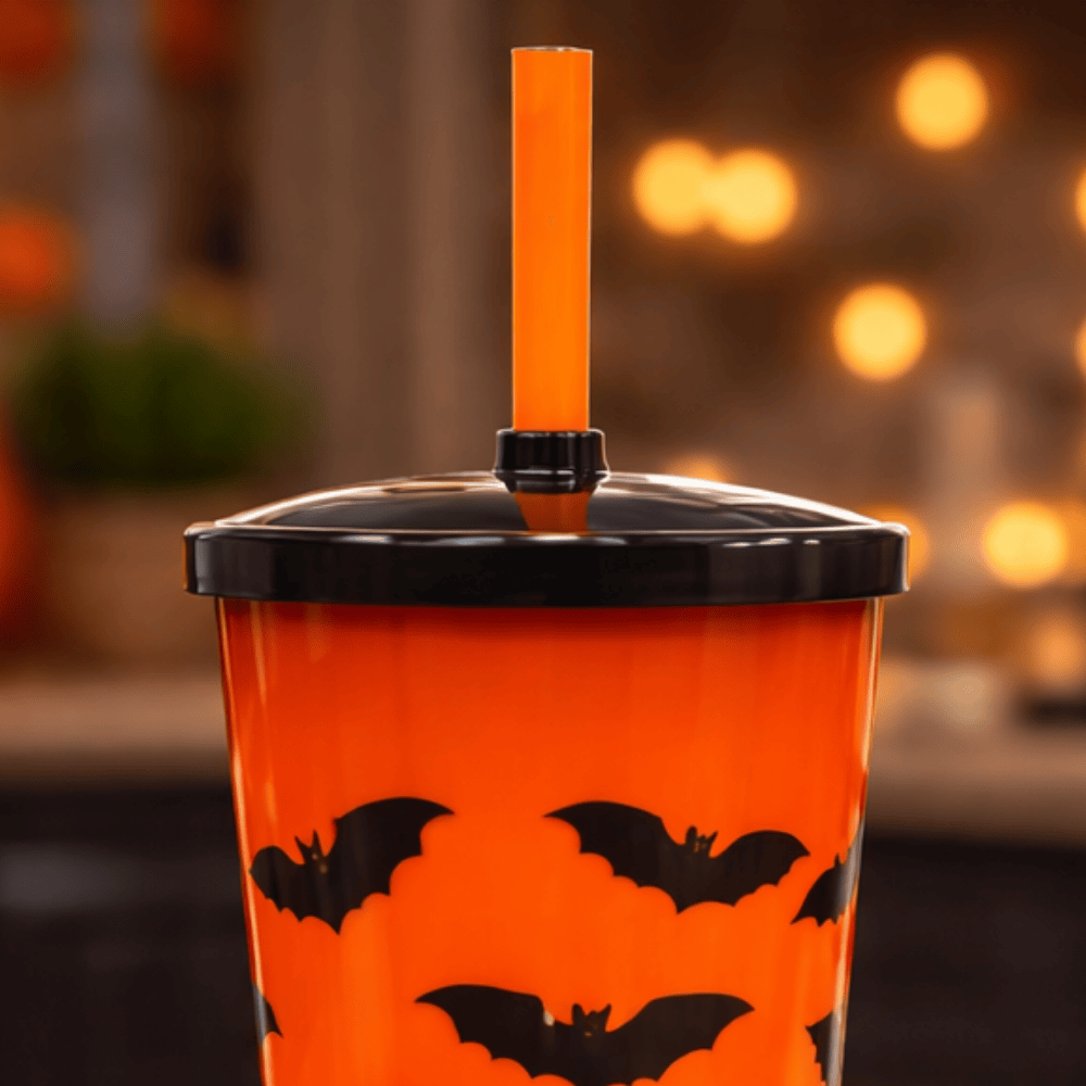 Copo Canudo 600Ml Halloween Morcego Laranja Injetemp 495