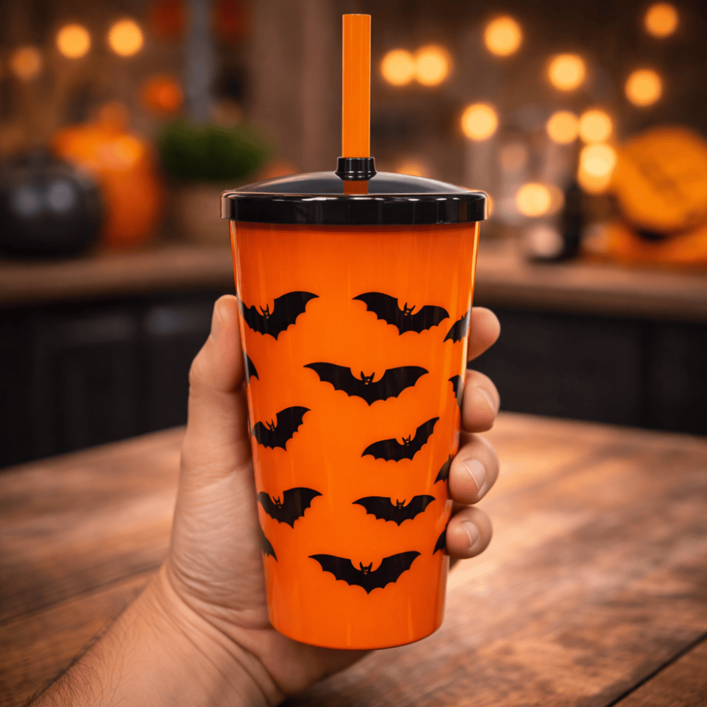 Copo Canudo 600Ml Halloween Morcego Laranja Injetemp 495