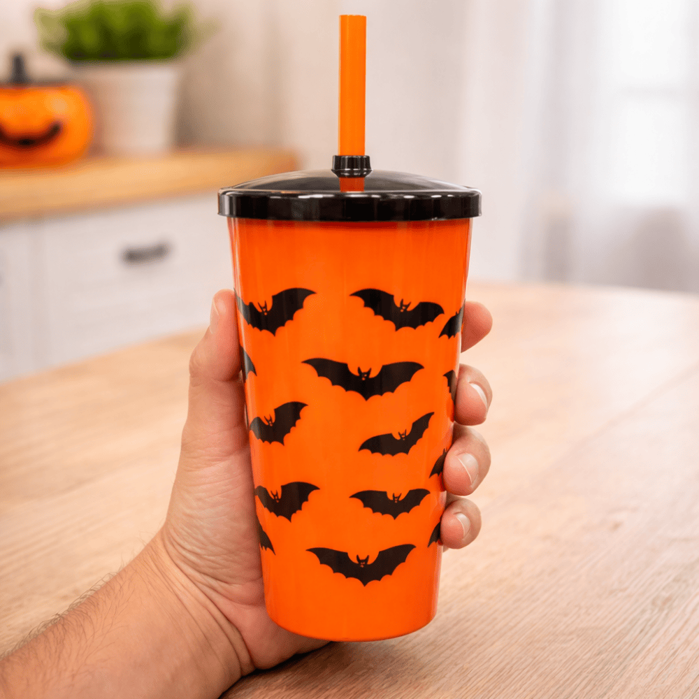 Copo Canudo 600Ml Halloween Morcego Laranja Injetemp 495