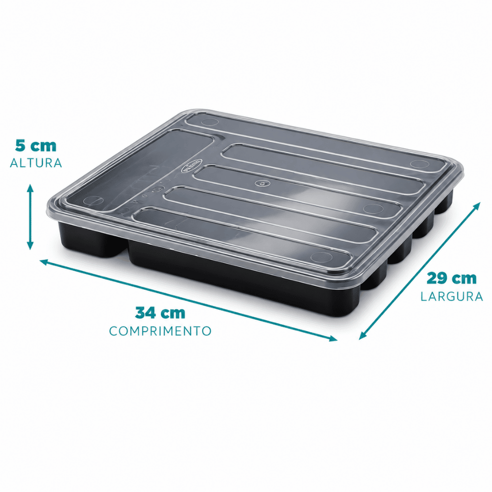 Porta Talher Gaveta 6 Divisórias Extra Grande Preto com Tampa Nitron