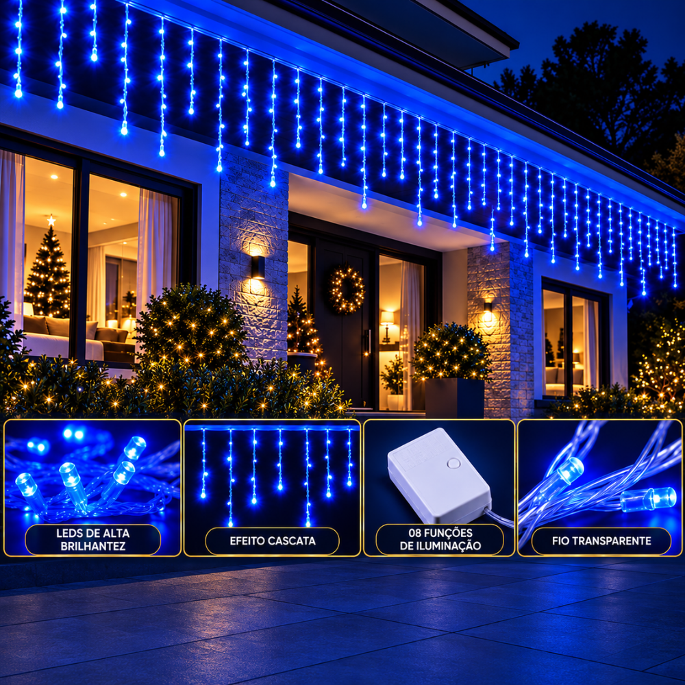 Pisca-Pisca Cascata de Natal 200 LEDs Azuis 8 Funções 4,5 m 127V Rio Master