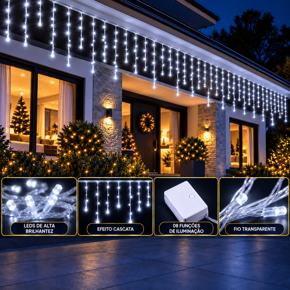 Pisca-Pisca Cascata de Natal 200 LEDs Brancos 8 Funções 4,5 m 127V Rio Master