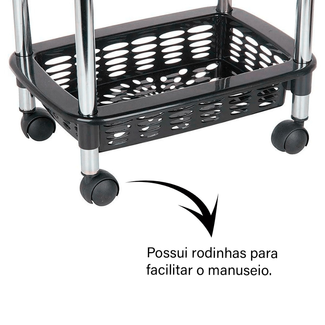 Fruteira Preta Retangular Triplex Com Rodinha