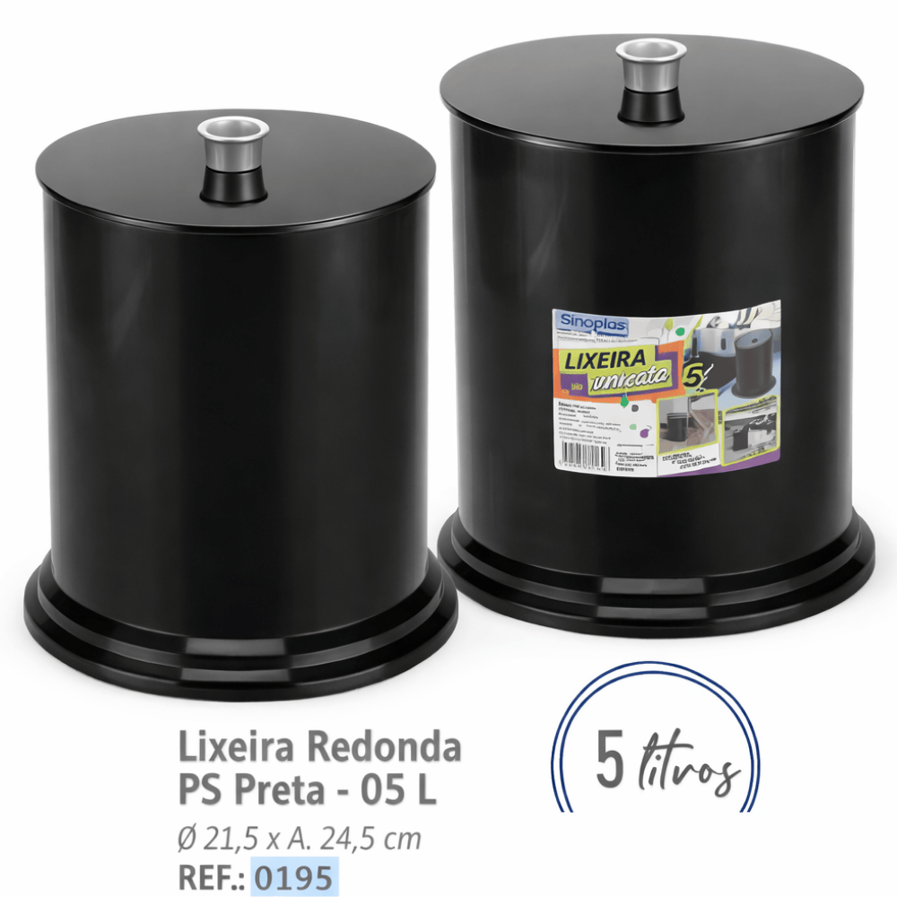 Lixeira 5Lts Redonda Preta Injeplastec