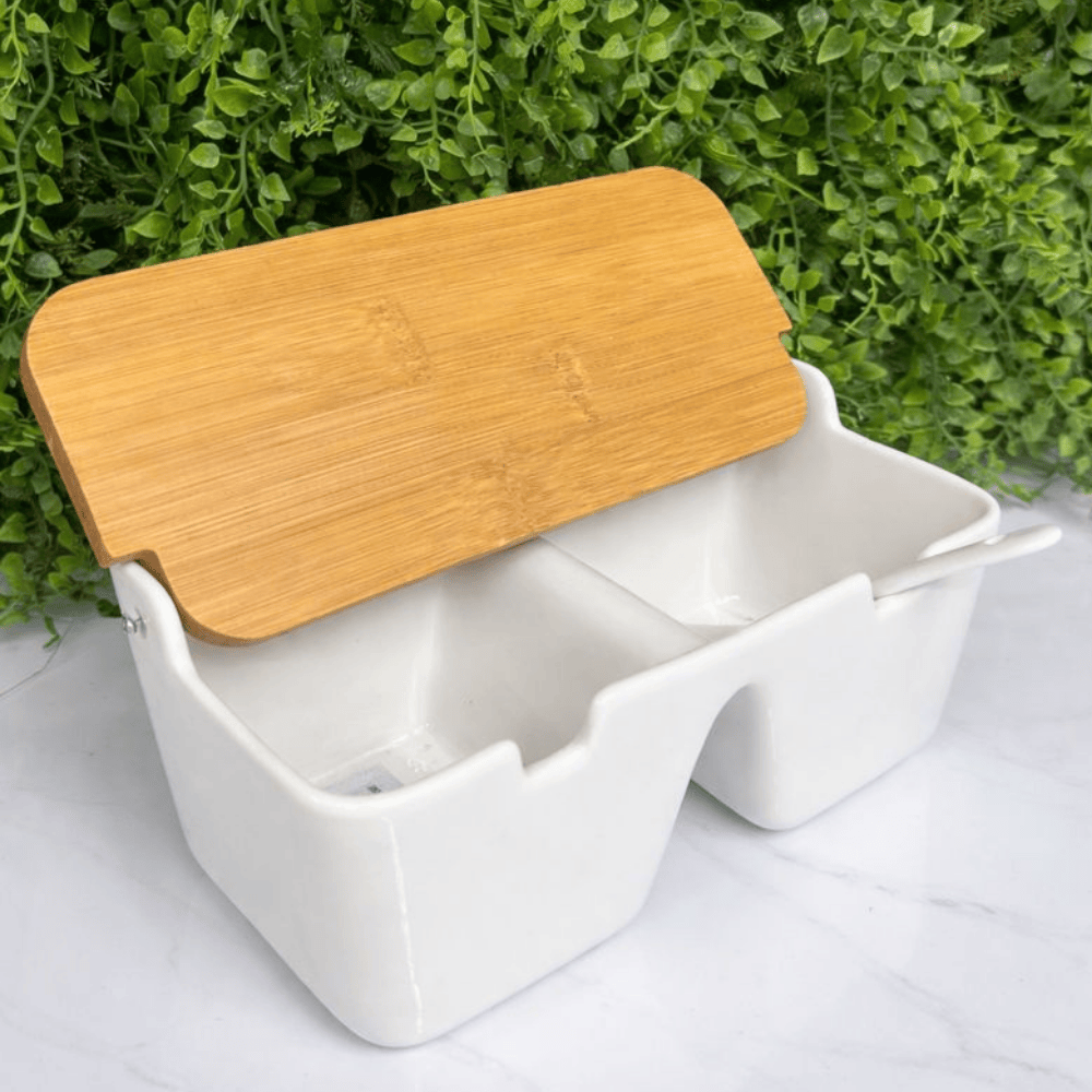 Saleiro De Mesa C/2 Divisórias E Tampa De Bambu