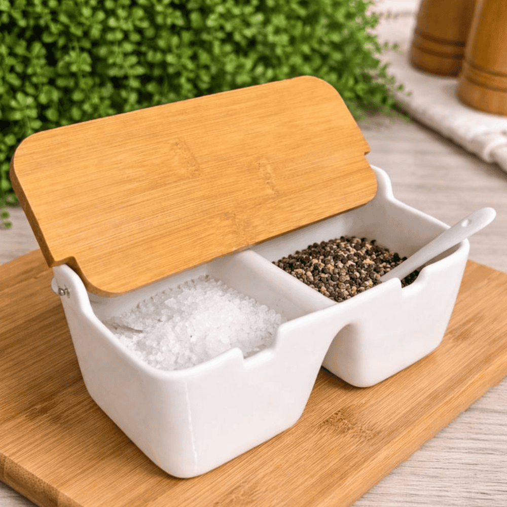 Saleiro De Mesa C/2 Divisórias E Tampa De Bambu
