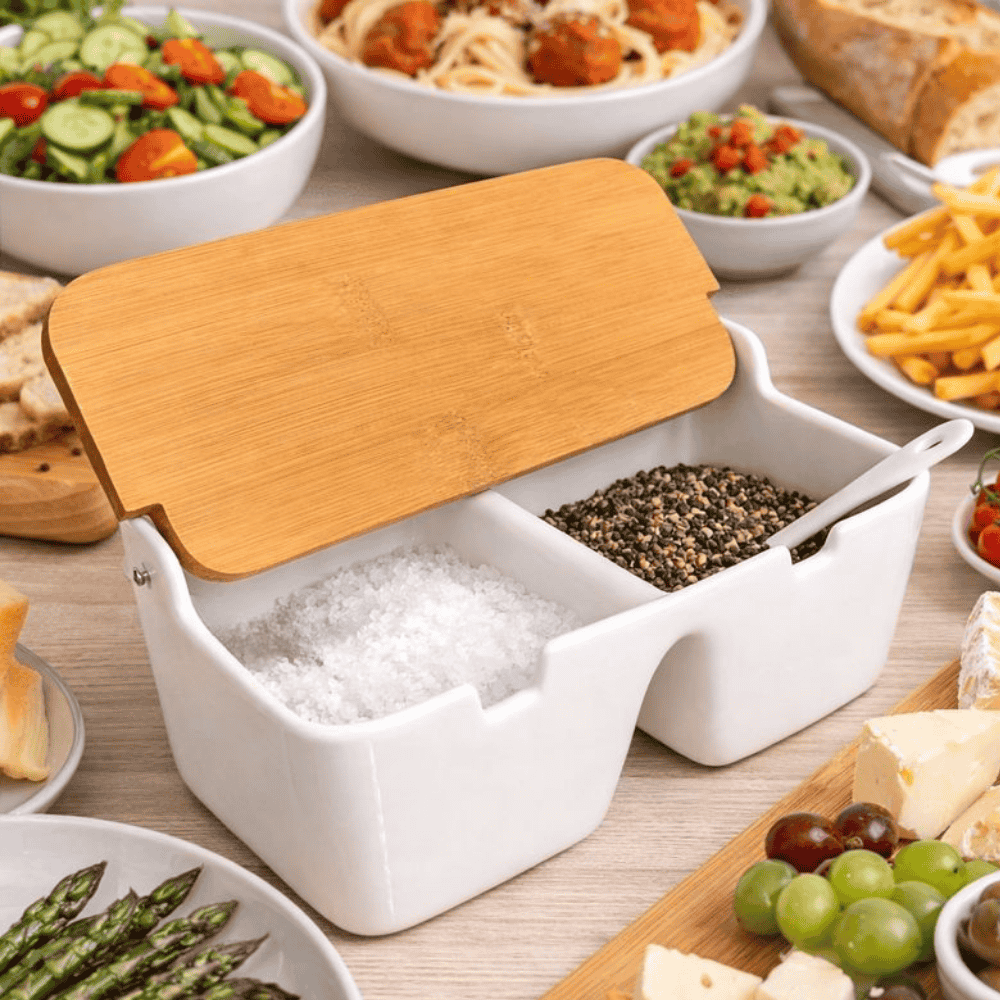 Saleiro De Mesa C/2 Divisórias E Tampa De Bambu