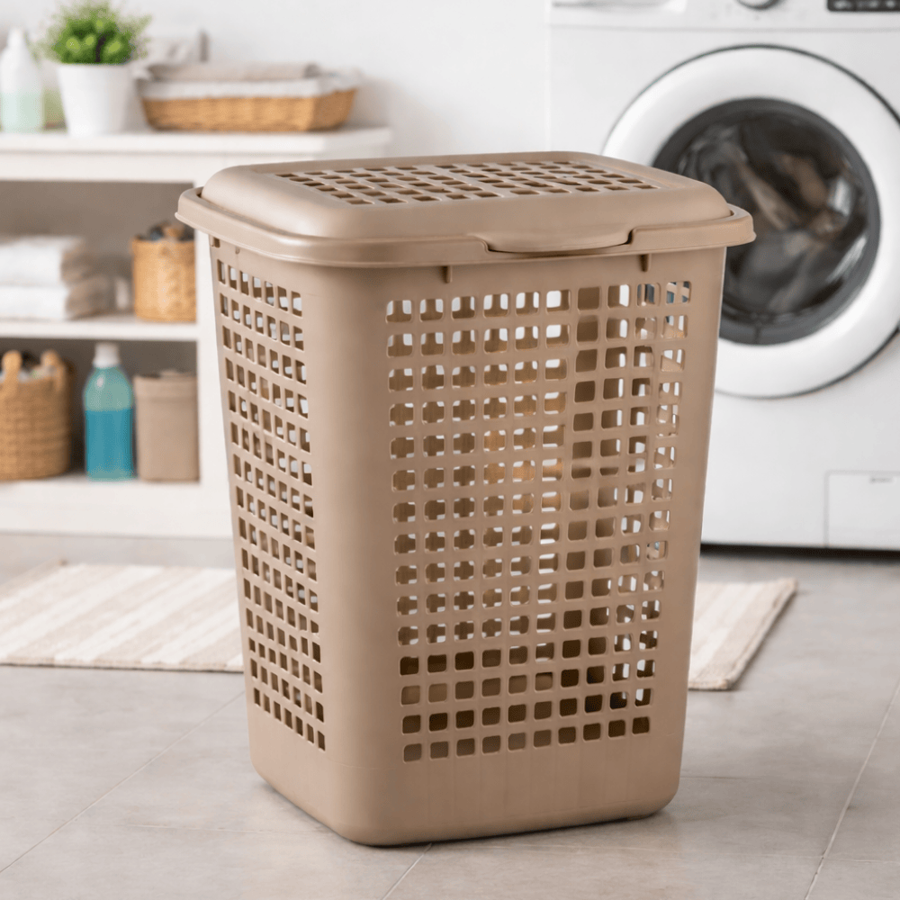 Cesto Telado Retangular Lavanna Com Tampa 30L Bege Claro/Cappuccino Rischioto