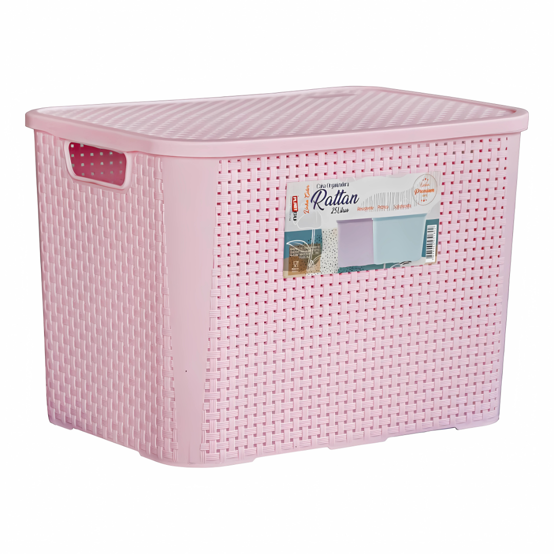 Organizador Ratan Retangular 26Lts Rosa Pratic