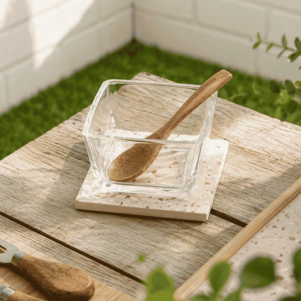 Petisqueira de Vidro com Colher de Bambu e Suporte Terrazzo Coliseu