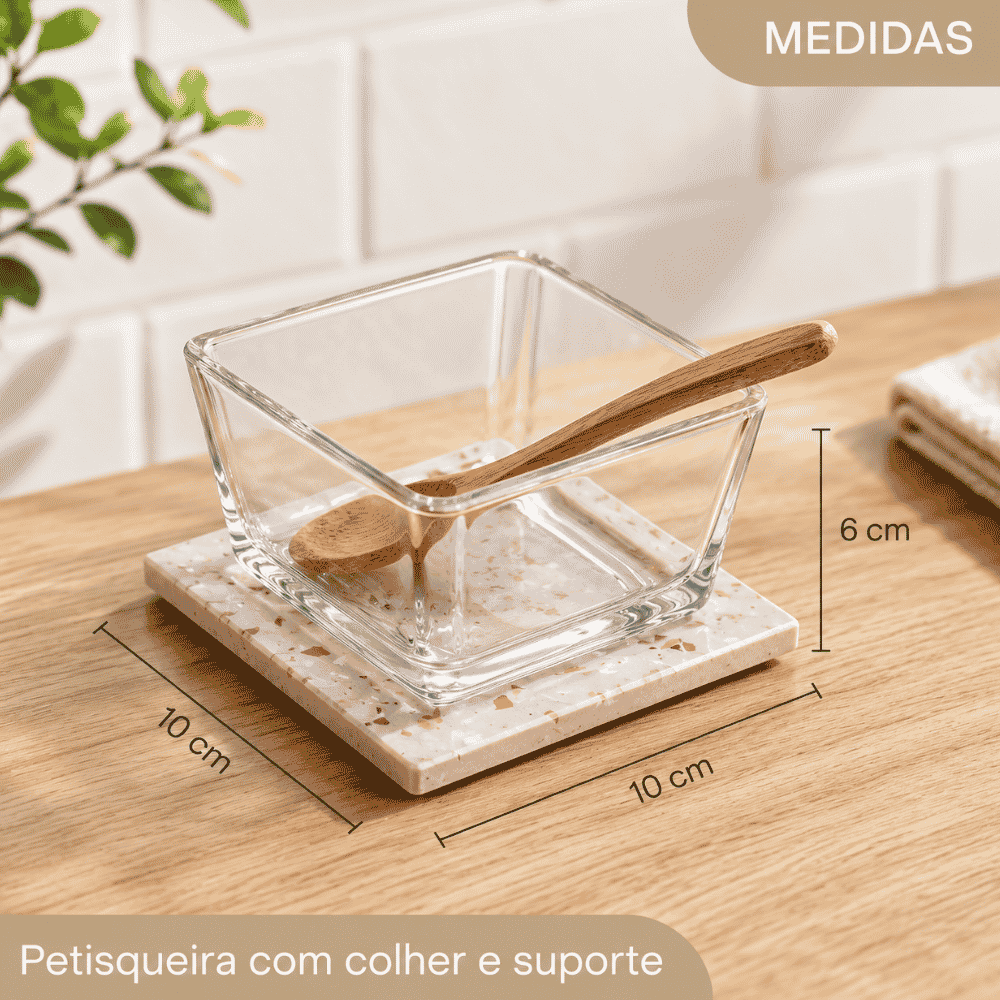 Petisqueira de Vidro com Colher de Bambu e Suporte Terrazzo Coliseu