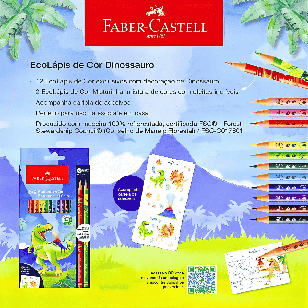 Ecolápis De Cor 12+2 Coleção Dinossauro Faber Castell