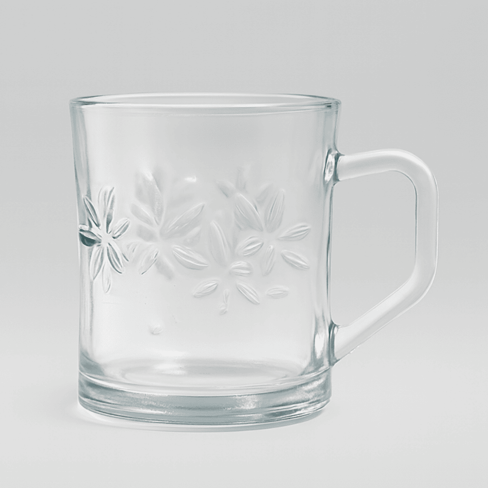 Caneca Transparente 250Ml Com Relevo De Rosas Pirâmides - Cx 6 Unidades