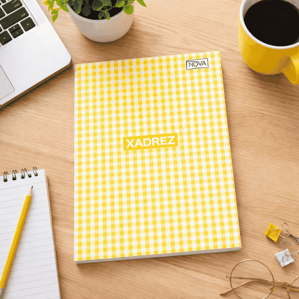 Caderno 1/4 Costurado Capa Dura 96 Folhas Xadrez Amarelo Multi