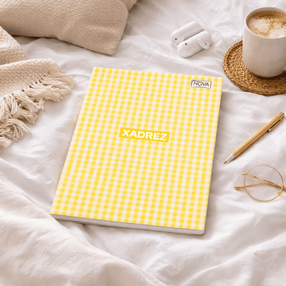 Caderno Universitário Costurado Xadrez Amarelo 96 Fls