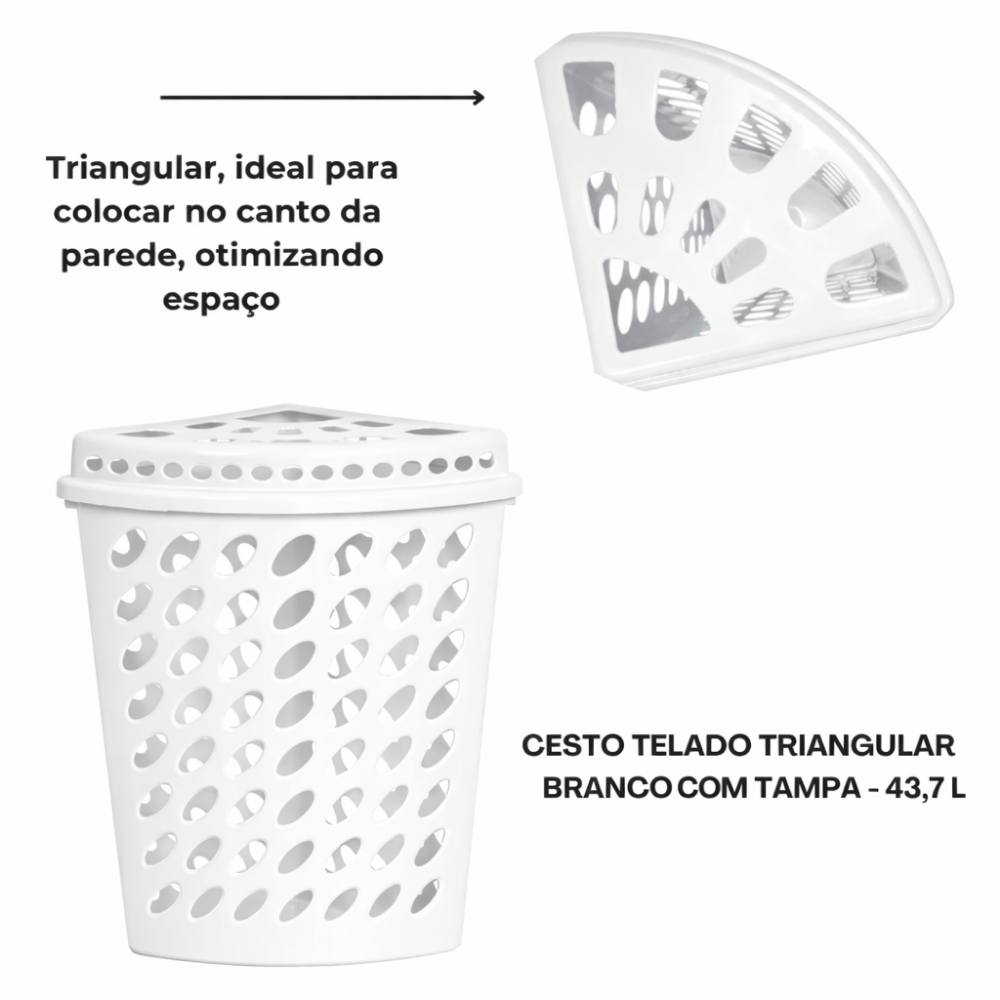 Cesto Telado Triangular C/Tampa Off White 43,7L Plasnew