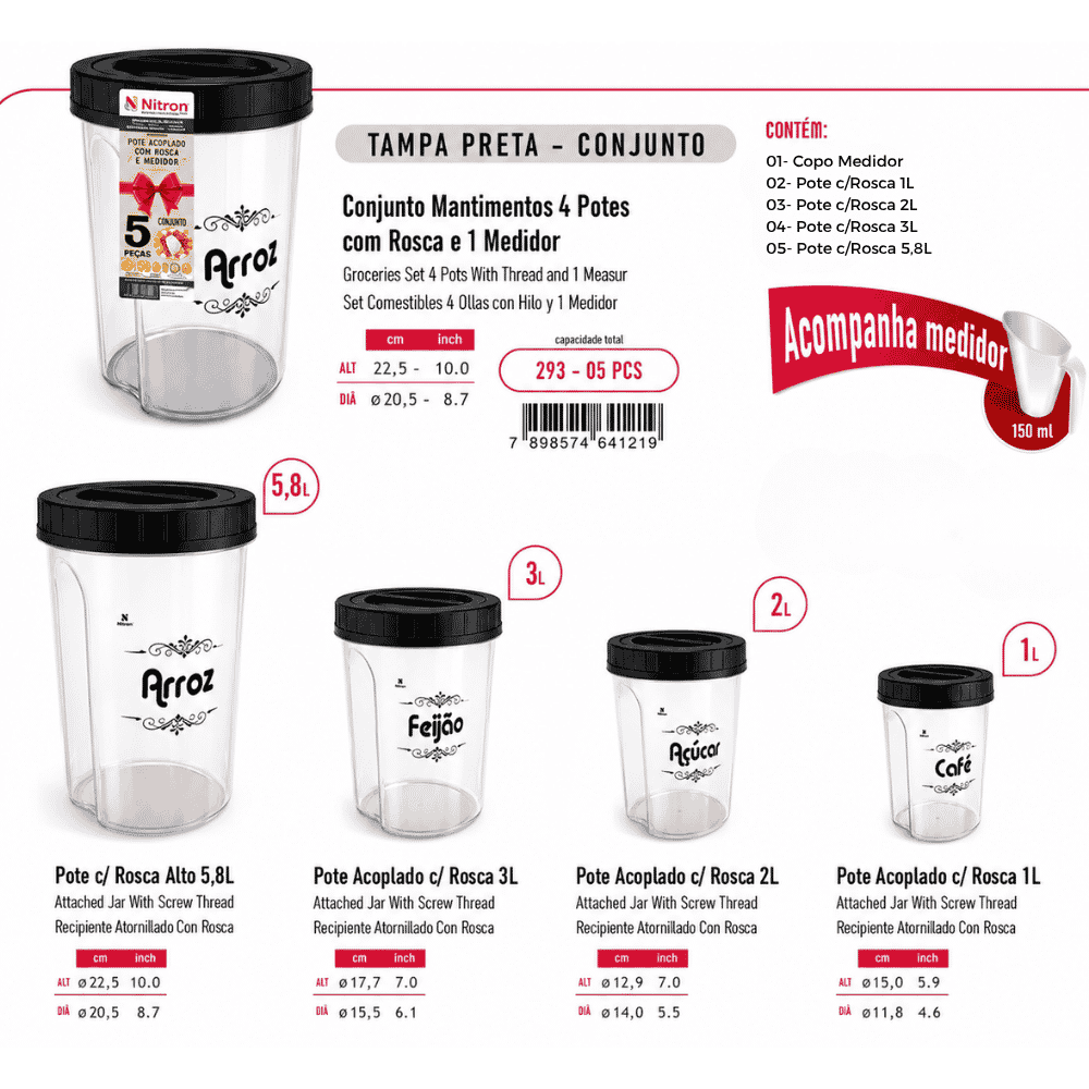 Kit Potes Acoplados com 5 Peças Preto Nitron