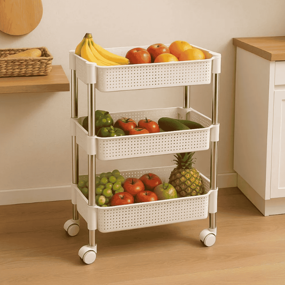 Fruteira Retangular Tripla Rattan Branca Niquelart