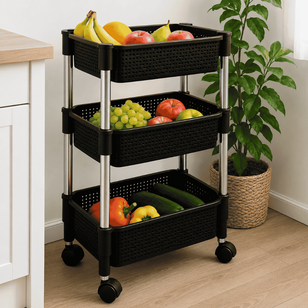 Fruteira Retangular Tripla Rattan Preta Niquelart