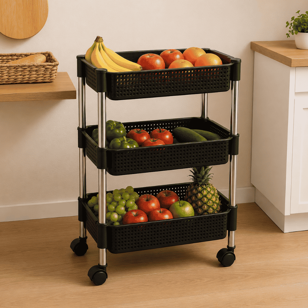Fruteira Retangular Tripla Rattan Preta Niquelart