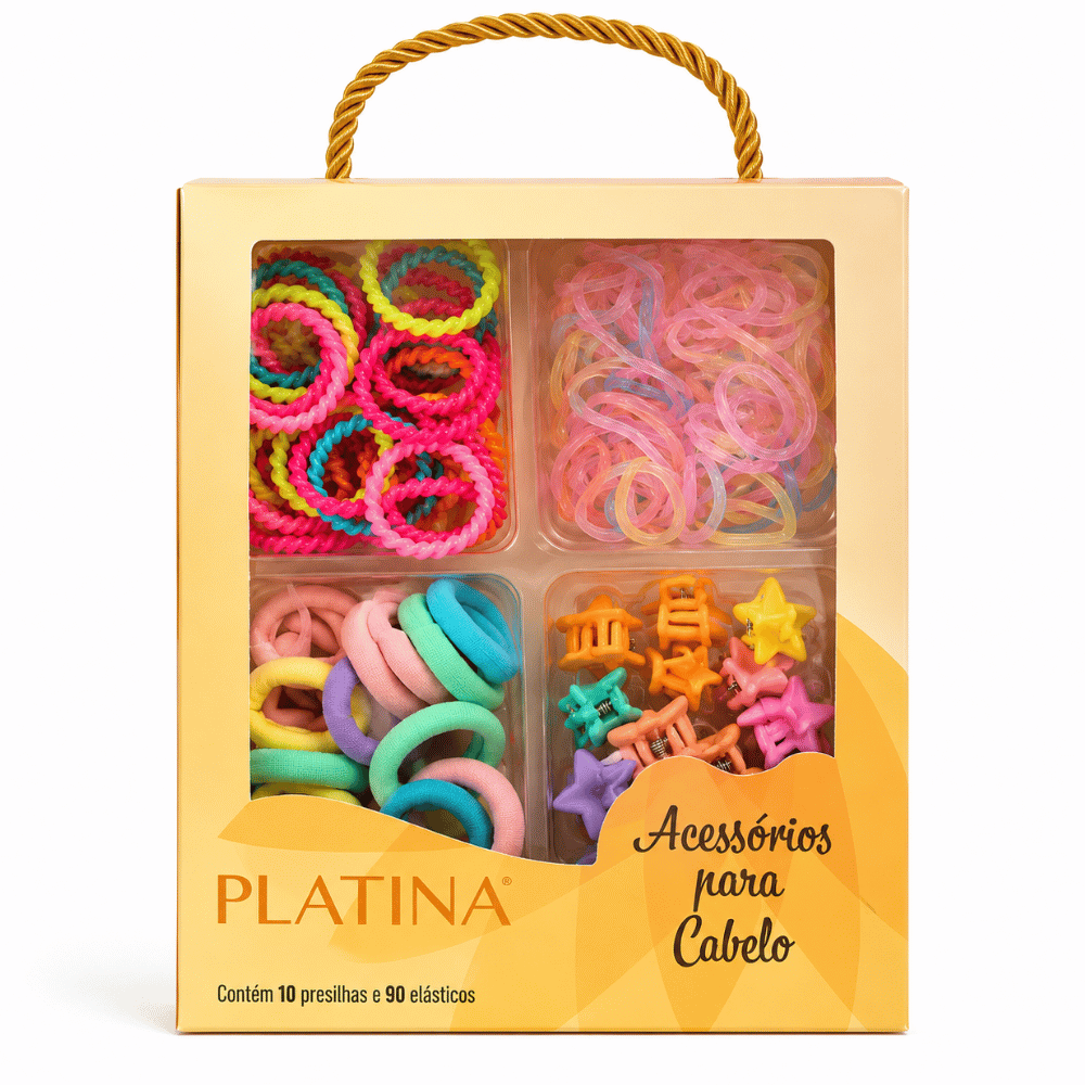 Kit Acessórios de Cabelo com 10 Presilhas e 90 Elásticos