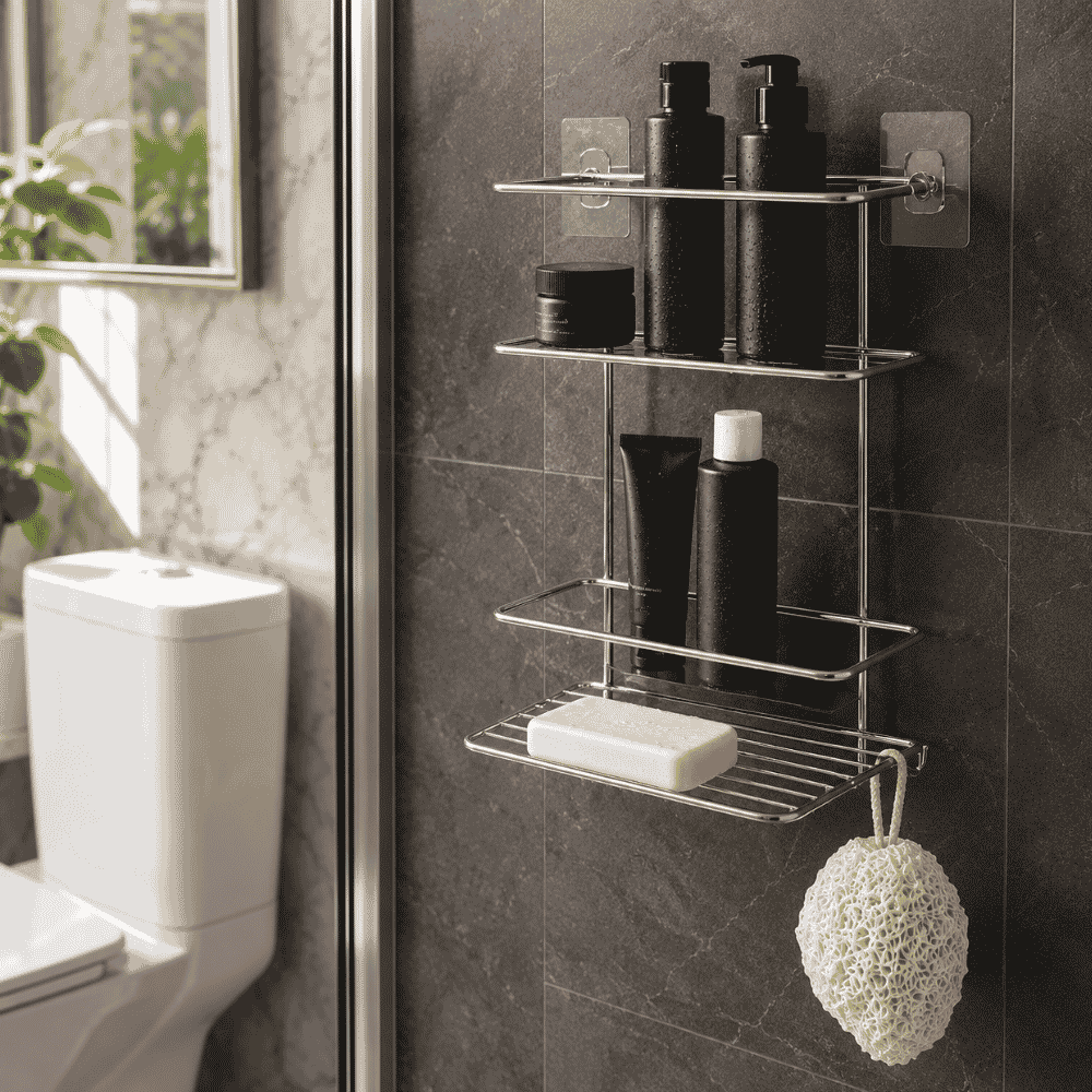 Porta Shampoo Duplo com Adesivo Cromado Stolf