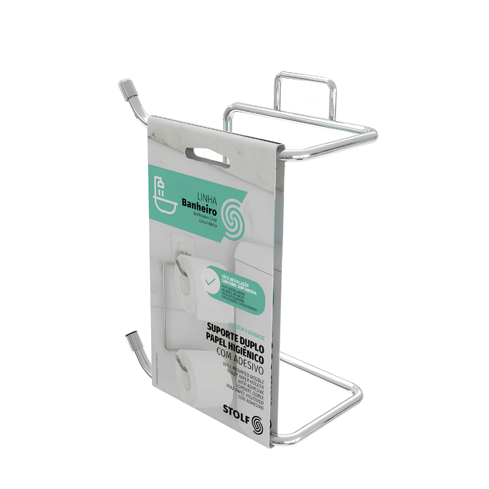 Suporte Duplo para Papel Higiênico com Adesivo Cromado Stolf