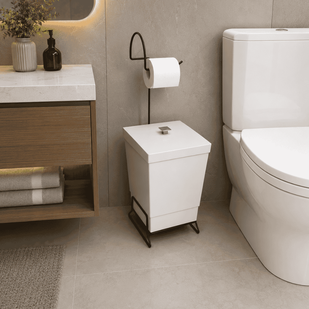 Suporte para Papel Higiênico com Lixeira Branca Stolf